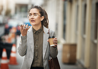 Image showing Speaker phone call, city and business woman walking, consulting and talking in discussion, conversation or communication. Voice note, audio recording and professional person chat on morning commute