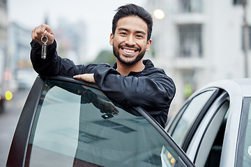 Image showing New car, city and portrait of man with keys after vehicle purchase to drive, transport and travel on street. Transportation, loan approval and happy person with freedom for trip, journey or adventure