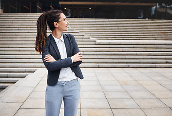 Image showing Thinking, city and business woman on stairs with happy mindset for morning commute, journey and travel. Professional, ideas and female person with crossed arms for career, work and job in urban town