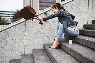Image showing Anger, stairs and business with woman in city for unemployment, job loss and crisis. Problem, stress and fear with female employee screaming in outdoors for mental health, frustrated and failure