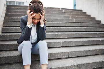 Image showing Sad, unemployment and business with woman in city for risk, job loss and depression. Problem, stress and fear with female employee thinking in outdoors for mental health, frustrated and failure