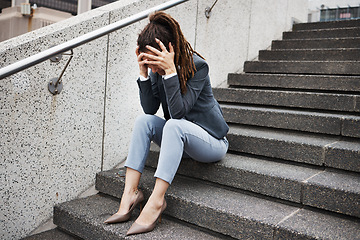 Image showing Unemployment, stairs and business with woman in city for sad, job loss and depression. Problem, stress and fear with female employee thinking in outdoors for mental health, frustrated and failure