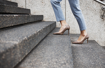 Image showing Staircase steps, legs and person walking, travel and morning journey to law firm, company or office building. Growth progress, future goals or closeup shoes, feet or lawyer climbing stairs to success