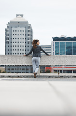 Image showing Business woman, city roof and thinking with ideas, vision and planning for future, career and life goals. Female entrepreneur, dream and problem solving with choice, decision or mindset in metro cbd