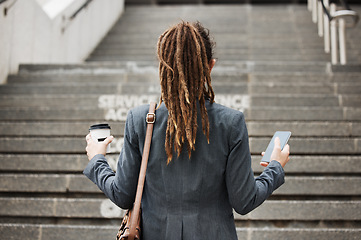 Image showing Stairs, city and business woman arrival, travel or using phone time, schedule or commute to work, new job or company steps. Opportunity, morning coffee and back of person on office building staircase