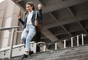 Image showing Stairs, city and business woman walking, rush and hurry on travel journey, commute and running late. Schedule emergency, time management crisis and professional person leave office building staircase