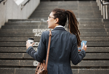 Image showing Stairs, city and back of business woman, agent or consultant looking at direction, arrive at work or company steps. Commute journey, morning coffee and corporate person on office building staircase