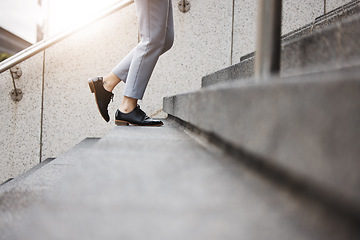 Image showing Stairs, morning person and legs walk, travel or on urban journey, outdoor commute or trip to work, destination or job. Town steps, arrival and closeup shoes, feet or agent climbing building staircase