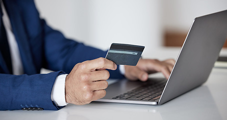 Image showing Credit card, hands and business man at laptop for fintech, accounting investment or savings budget. Closeup of trader, investor and computer for online shopping, ecommerce banking or trading money