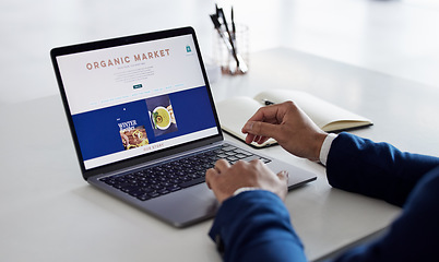 Image showing Online shopping menu, laptop and person hands reading screen for food delivery, restaurant webdesign or web store. About us, organic nutrition market and healthy customer decision on website homepage