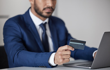 Image showing Corporate, man and hands at laptop with credit card for ecommerce, accounting or banking investment. Closeup of trader at computer for online shopping, fintech and trading money in financial economy