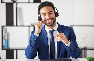 Image showing Call center communication, portrait or happy man, professional receptionist or agent smile for customer care service. Consultation, telecom headset or corporate person advice in administration office