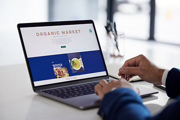 Image showing Online shopping menu, laptop screen and person hands reading food delivery, restaurant webdesign or web store option. About us, organic market homepage and hungry customer with lunch nutrition choice