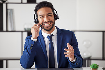 Image showing Customer service portrait, smile and business man consulting on help desk support, telecom or sales pitch. Telemarketing communication, contact us or professional person talking in call center office