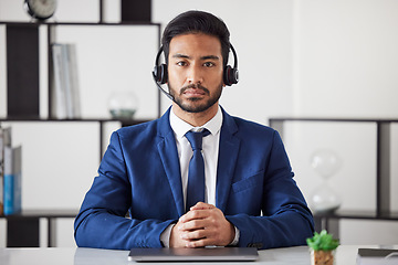 Image showing Customer service, serious portrait and business man, receptionist or agent for help desk support, telecom or loan advisory. Telemarketing, secretary or corporate person in call center administration
