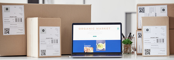 Image showing Online shopping menu, laptop screen or delivery boxes of food order, restaurant webdesign or ecommerce service. About us, organic market homepage or nutrition choice, package or supply chain shipping