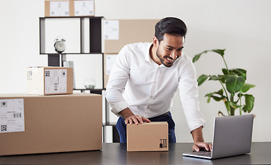 Image showing Laptop, box and business Asian man for logistics startup for shipping, delivery and distribution service. Ecommerce, supply chain and male person on computer planning for package, parcel and order