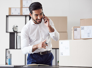 Image showing Phone call, logistics conversation and business man speaking about delivery, distribution or shipping negotiation. Retail supply chain, ecommerce or corporate person consulting with cellphone contact