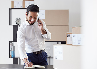 Image showing Phone call, business notebook and happy man with delivery notes, writing order schedule or planning shipping distribution. Supply chain, ecommerce planner or logistics person talk with cellphone user