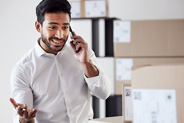 Image showing Phone call communication, delivery and business man discussion about storage inventory, distribution or shipping. Supply chain, export service or professional person consulting with cellphone contact