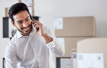 Image showing Phone call communication, business delivery and happy man discussion about product, stock distribution or courier shipping. Supply chain person, export service or conversation with smartphone contact