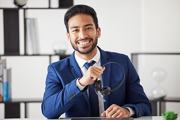 Image showing Call center, office portrait and happy man, professional receptionist or consultant smile for company customer care. Lead generation, contact us or corporate person happiness in telemarketing office