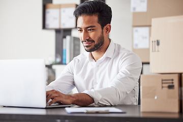 Image showing Laptop, box and business man for distribution startup for shipping, delivery and logistics service. Ecommerce, supply chain and male person on computer planning schedule for package, parcel and order