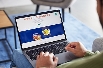 Image showing Online shopping menu, laptop screen and person hands reading healthy food homepage, restaurant web store or nutrition catalog. About us, organic market info and home customer search website for lunch