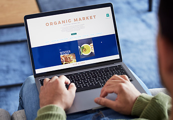 Image showing Food delivery menu, laptop or hands of person reading digital restaurant web store or online shopping. About us homepage screen ux, organic market info or customer typing to search for lunch in house