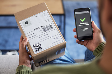 Image showing Box label, phone screen and person hands reading security verification check, safety scan or track online shopping order. Tick, mail shipping and home customer with cellphone, delivery app or package