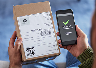 Image showing Cardboard box label, phone screen or person hands with security check success, safety scan or export order verification. Tick, mail or home client with mobile app, retail delivery or shopping product