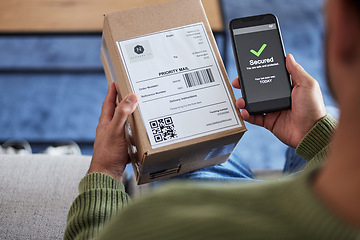 Image showing Package label, phone screen and person hands reading security check, ecommerce safety scan or online shopping order. Tick, box. shipping and home customer with smartphone, delivery or product barcode