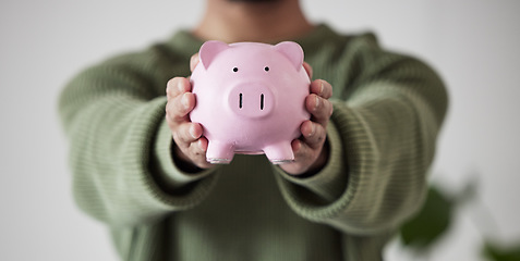 Image showing Finance, investing or hands of person with piggy bank for financial wealth growth or savings increase. Closeup, income or investor holding cash safe or budget in tin for safety or insurance security