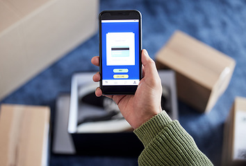 Image showing Phone screen, person hands and online shopping payment, digital credit card or pay shipping distribution with banking app. Smartphone, omnichannel or home customer with export, fintech sales or boxes