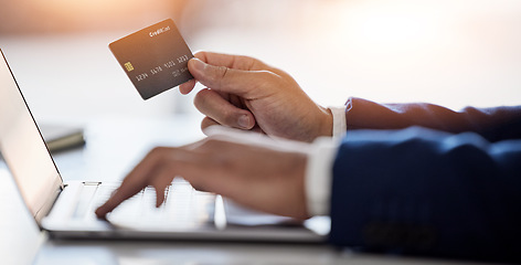 Image showing Business man, hands and credit card at laptop for ecommerce, accounting budget or banking investment. Closeup of worker at computer for online shopping, fintech and trading money in financial economy