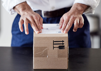 Image showing Label, delivery or hands of businessman with box for ecommerce, courier cargo or distribution service. Shipping, order sticker or entrepreneur sending a store package, freight parcel or mail product