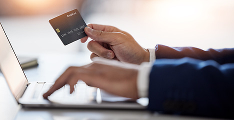 Image showing Corporate, man hands and credit card at laptop for ecommerce, accounting budget or savings investment. Closeup of sales trader at computer of online shopping, fintech banking or code in trading money