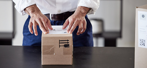 Image showing Sticker, delivery or hands of businessman with box for ecommerce, courier cargo or distribution service. Shipping, order label or entrepreneur sending a post package, freight parcel or mail product