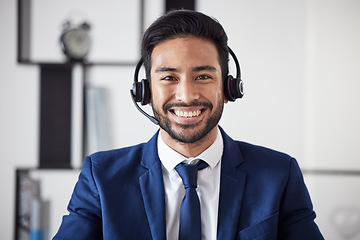 Image showing Customer service portrait, happiness and business man consulting on technical support, telecom or ecommerce. Telemarketing communication, face and corporate person happy in call center administration