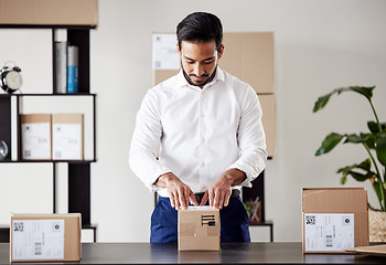 Image showing Courier, delivery and businessman with box for ecommerce logistics, product label or distribution service. Shipping, supply chain or entrepreneur planning for a store package, freight parcel or cargo