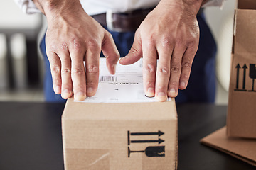 Image showing Label, delivery or hands of man with box for courier cargo, ecommerce or supply chain distribution service. Shipping, order sticker or postman sending a store package, freight parcel or mail product