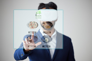 Image showing Online shopping menu, future screen and man point select fast food delivery, restaurant store choice or web catalog. Meal, virtual reality dashboard or business customer decision on metaverse website