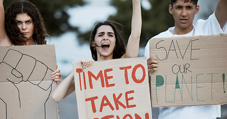 Image showing Climate change, crowd and people portrait with power fist or banner in city for announcement or transformation. Group, face and angry earth activist outdoor with poster for democracy, protest or vote