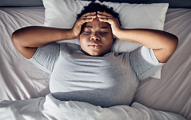 Image showing Stress, bed or black woman with headache, insomnia or anxiety from sleeping problem in bedroom. Worry, burnout or tired girl thinking of mistake, loss or depression from emotional grief at home