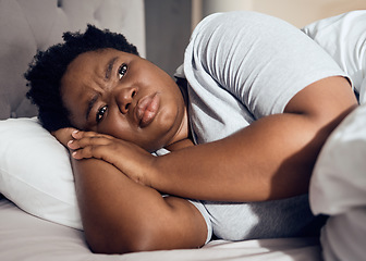 Image showing Black woman, depression and insomnia, thinking with mental health problem, tired and stress with anxiety at home. Female person in bed, depressed and psychology with life crisis and sad with grief