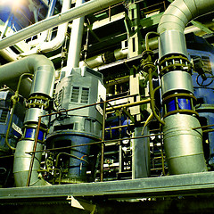 Image showing Pipes, tubes, machinery and steam turbine at a power plant