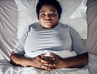 Image showing Stress, bed or top of woman thinking of depression, insomnia or mental health problem in house bedroom. Worry, lonely or tired person with broken heart, loss or anxiety from emotional grief at home