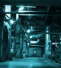 Image showing Pipes, tubes, machinery and steam turbine at a power plant