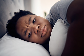 Image showing Black woman, depression and insomnia with mental health problem, tired and stress with anxiety at home. Female person in bed, depressed and psychology with life crisis, sad with fatigue and grief