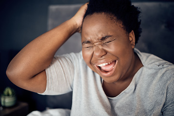 Image showing Insomnia, screaming and black woman in bedroom at night with anxiety, headache and stress at home. Depression, tired and female person with pain for mental health problem, anger and morning fatigue
